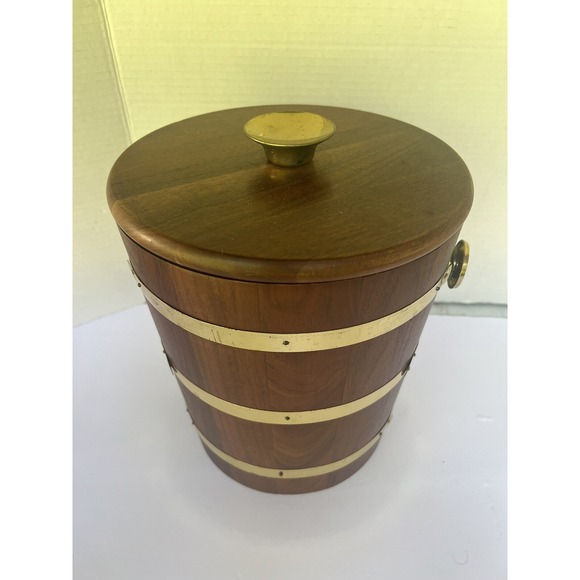 Ice Bucket Walnut Wood Vermillion Brass Vintage‎ liner bucket  MCM - Picture 12 of 12